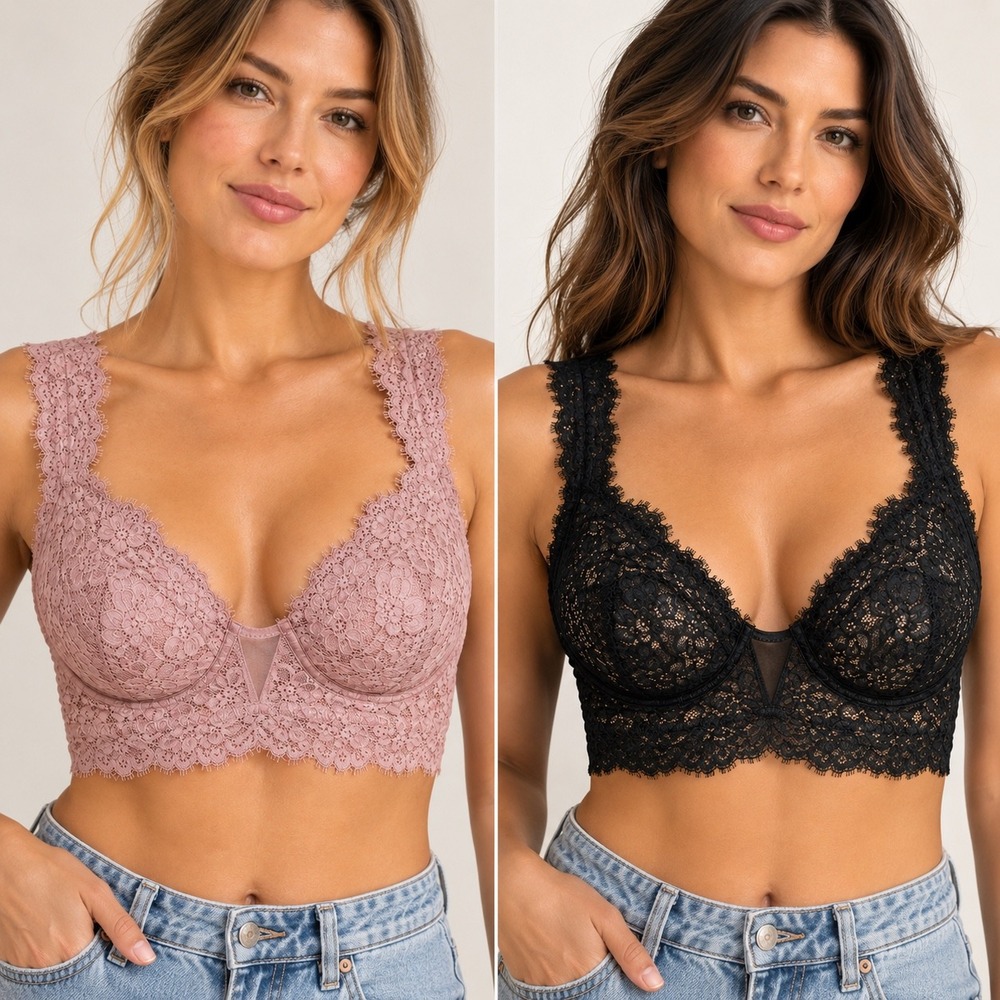 Aerie Floral Lace Longline Bralette Set 2 Pack Black Dusty Rose Pink Size Large